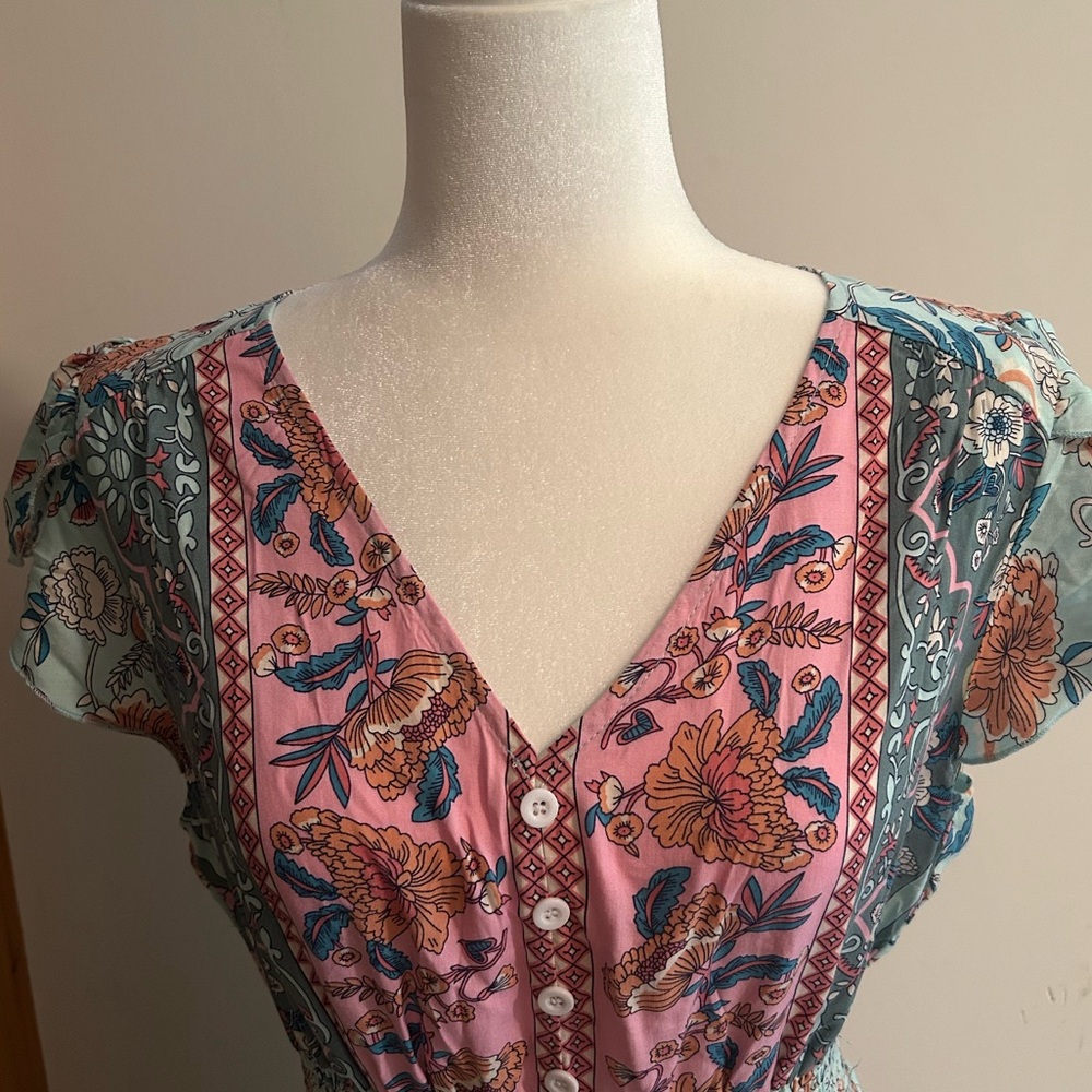 Floral V-Neck Women Dress - Pink and Blue